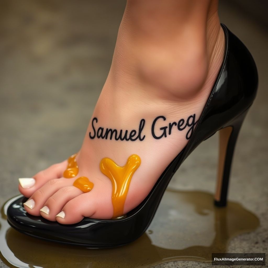 The name "Samuel Greg" on a woman's foot in a black high heel. There is oil all over the foot.