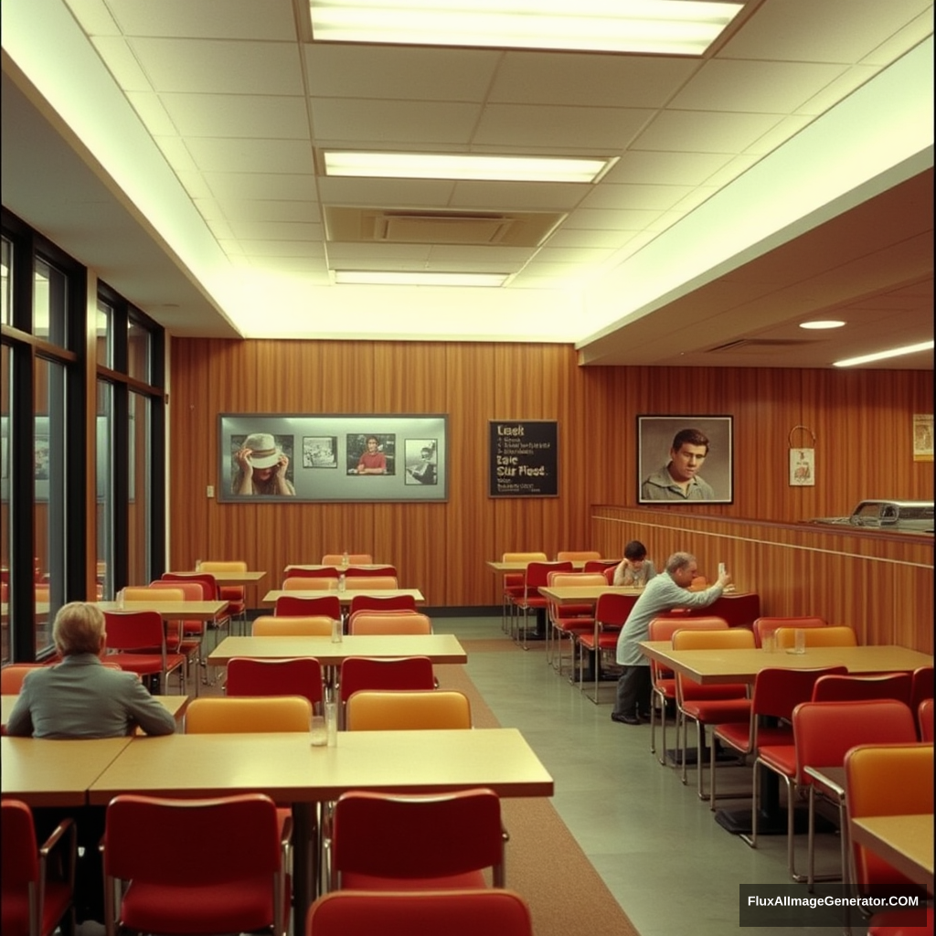 Interior, company cafeteria, modern, wood panel, movie scene, colorful, 90s.