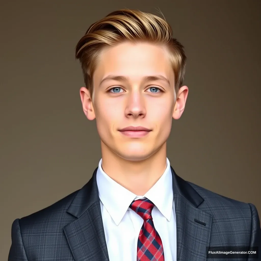 Cute skinny teen guy in a suit and tie. Photo.