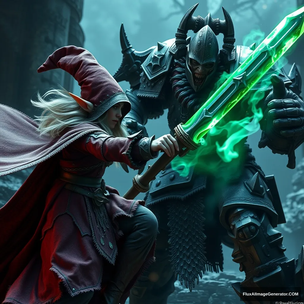 A girl elf wizard is attacking an orc knight, Warhammer 40000 style, hyper-realistic photo, 8K, Unreal Engine. - Image