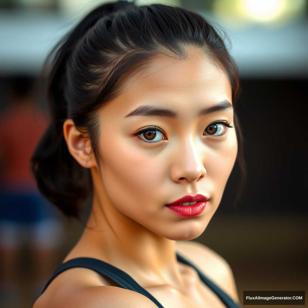 an athletic Asian woman, looking at the viewer, slight pout, she has black hair, brown eyes, hair in a ponytail, around 20 years old. - Image