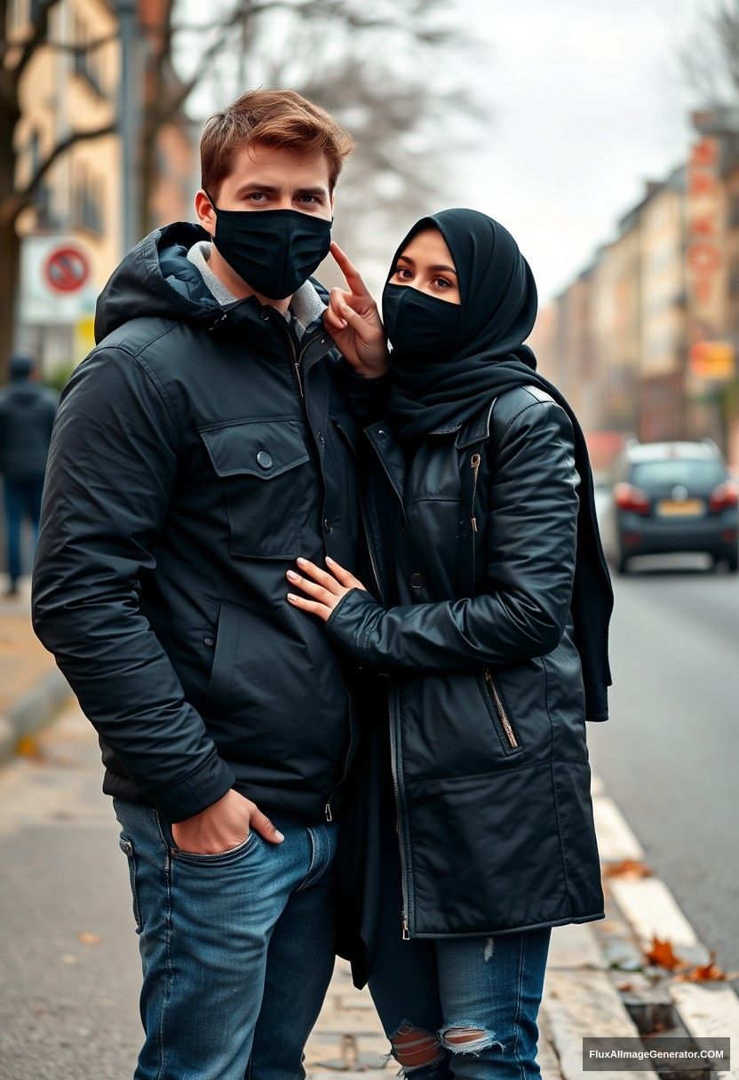 Jamie Dornan, handsome, young, wearing a black face mask, snow jacket, jeans, dating a beautiful Muslim girl in a black hijab with beautiful eyes, also wearing a black face mask and a black leather jacket, standing together near a road in town, pinching each other's cheeks, photorealistic, street photography.