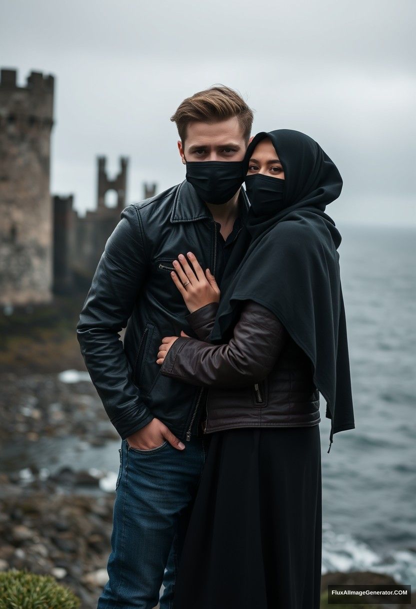 Jamie Dornan's head and body shot, handsome, youngest, black face mask, black leather jacket, jeans, dating, love with the biggest black hijab Muslim girl, not tall, beautiful eyes, face mask, maroon leather jacket, biggest black skirt, hyper-realistic, studio photography, full body photo, explore at abandoned castle, at sea, gloomy scenery.