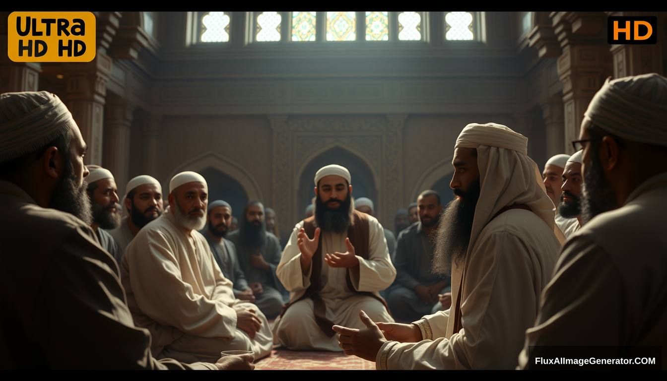 Prophet Muhammad (peace be upon him) addressing his companions in a mosque, explaining the signs of the Dajjal. The scene is filled with calm yet serious expressions, emphasizing the importance of the message. Ultra HD, realistic, respectful, with soft and cinematic lighting.