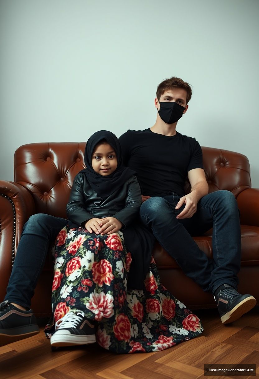 A black hijab burqa girl, short girl, beautiful eyes, black leather jacket, the biggest floral long dress, black leather sneakers, sitting on a leather single wing sofa, Jamie Dornan, black T-shirt, jeans, black leather sneakers, tall man, black face mask, fit body, sitting near her, hyper-realistic, studio photography. - Image