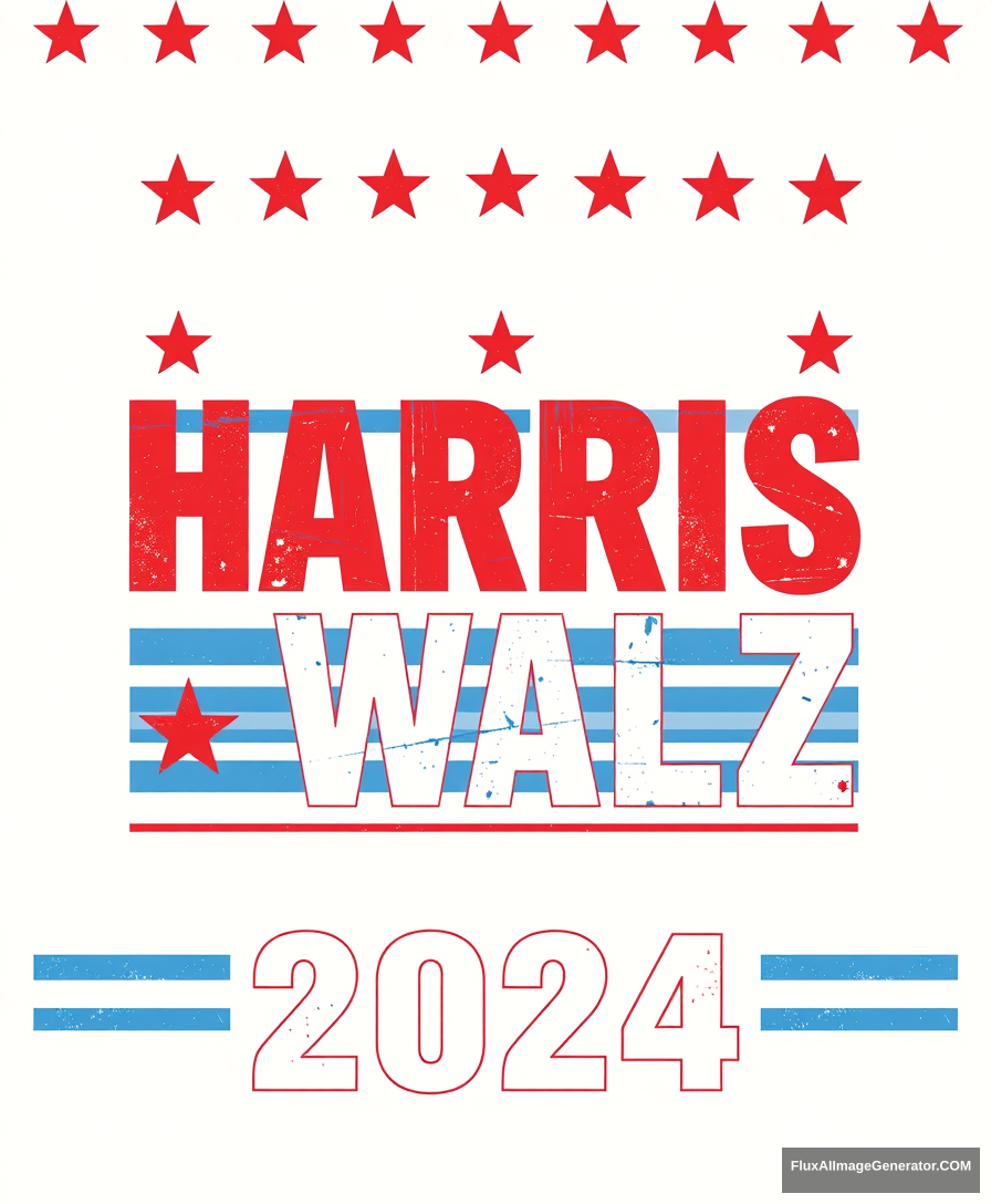 A striking and bold campaign poster featuring the names "HARRIS" and "WALZ" stacked together, with the year "2024" below them, suggesting a hypothetical presidential ticket. The design exudes patriotic energy with red stars above and below the text, and blue horizontal lines framing the names. The grunge font and style give it an edgy and modern feel, appealing to a younger and more diverse audience. The overall impression is of a powerful statement for change and representation in the world of politics. - Image