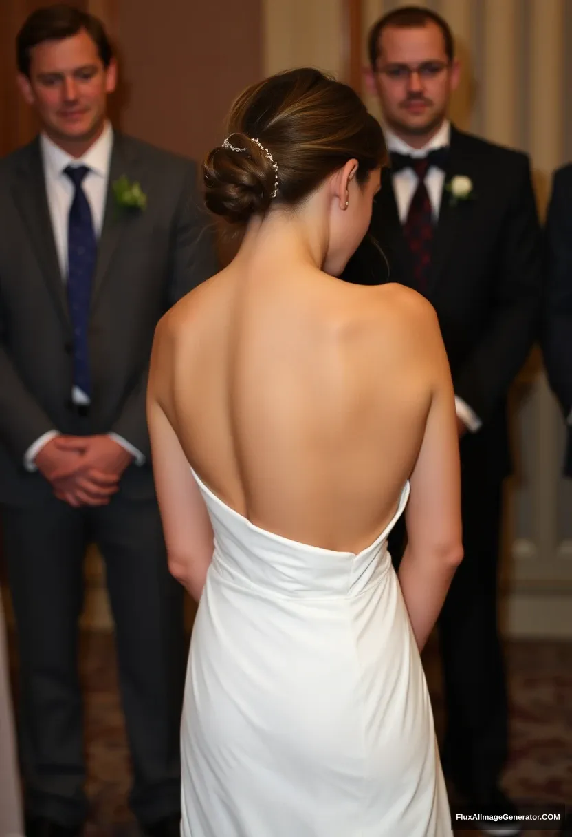 A short young woman, sensitive, delicate, ashamed, wearing a backless strapless side-less low-waisted wedding dress, in front of patriarchy, expectations.