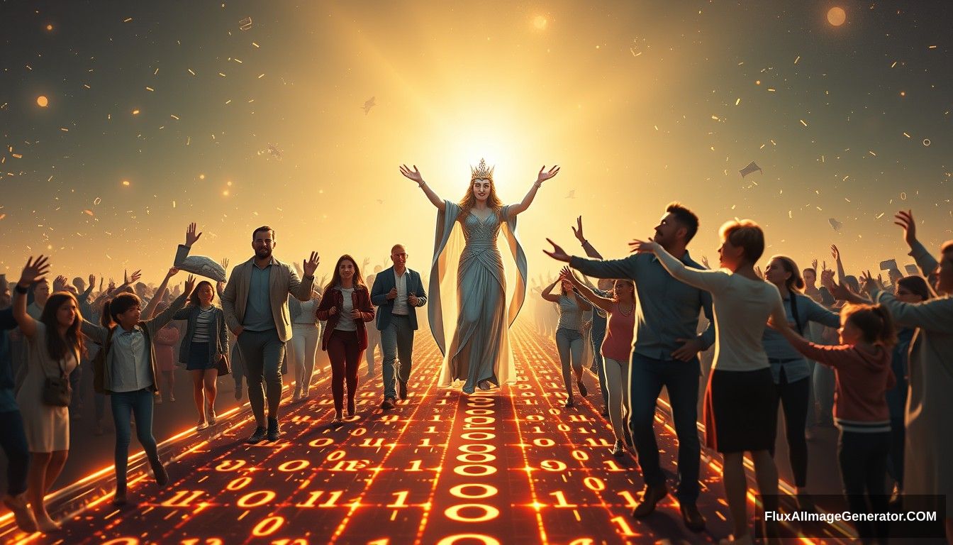 Photorealistic, Instagram-style image featuring a bright and hopeful scene depicting the concept of blockchain and decentralization. The scene is captured from a distant, wide-angle perspective, showcasing its grand scale. In the foreground, a futuristic and sci-fi styled goddess symbolizing blockchain and decentralization leads the people towards a bright future. She stands on a digital road made of glowing lines and various random characters, including 0s and 1s, symbolizing the path of digitalization. Light shines from the front, illuminating the goddess and casting a warm, hopeful glow over the entire scene. She is surrounded by families and individuals of predominantly European descent who are joyous and supportive, reaching out their hands towards the goddess, symbolizing their desire to follow her. The background is filled with elements that evoke a sense of hope and optimism. The overall aesthetic is vibrant and polished, with a modern Instagram filter applied to enhance colors and contrast.