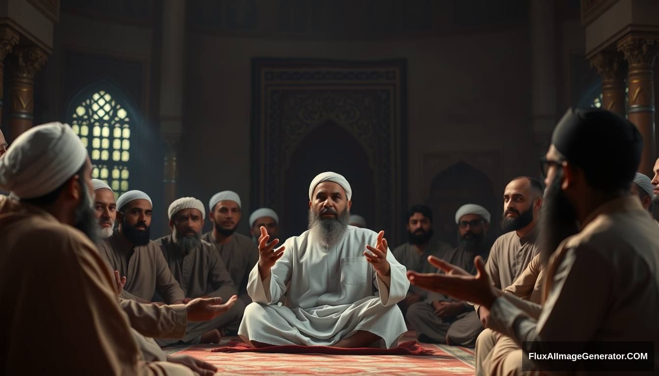 Prophet Muhammad (peace be upon him) addressing his companions in a mosque, explaining the signs of Dajjal. The scene is filled with calm yet serious expressions, emphasizing the importance of the message. Ultra HD, realistic, respectful, with soft and cinematic lighting. - Image