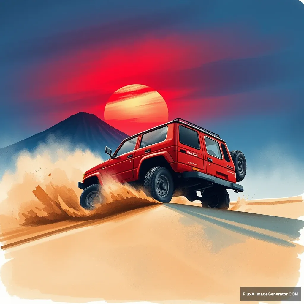 Create a watercolor illustration of rough strokes, muted colors, a red Daihatsu Rugger 80s adventure car (accurately) crossing on sand. Setting of Mount Bromo, East Java, Indonesia. Dust, sunset. Red blue sky. Dramatic.