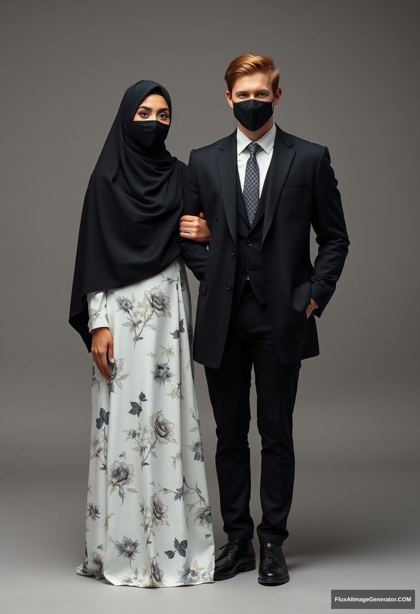 A biggest black hijab girl, beautiful eyes, face mask black, biggest white floral longest dress, not tall, standing, holding his arm.

Jamie Dornan, youngest, black suit coat, white shirt, grey patterned tie, black leather sneakers, tall man, face mask black, fit tough body, standing near her, love couple.

Hyper realistic, studio photography, photorealistic. - Image