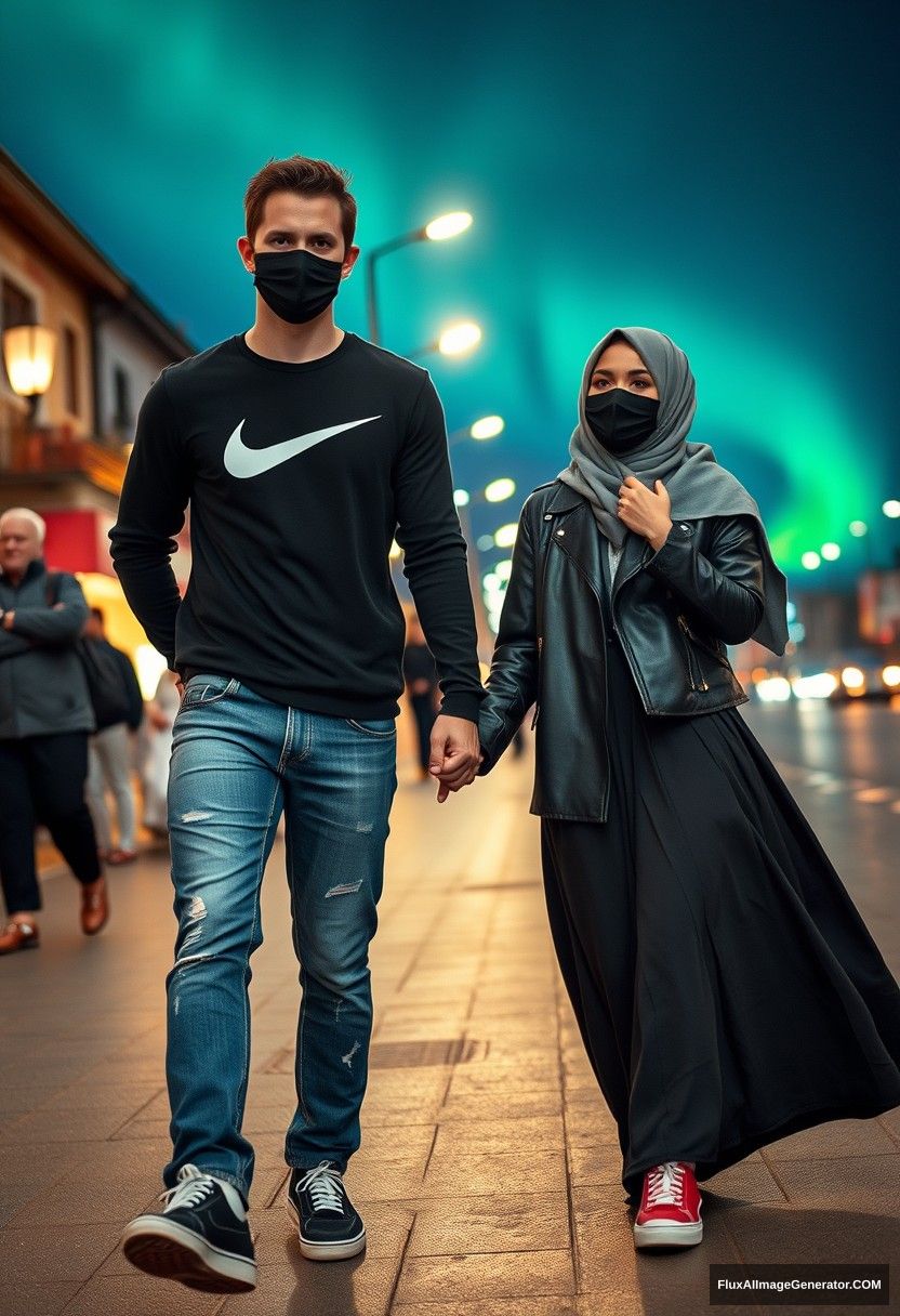 Jamie Dornan, handsome, black face mask, long sleeve white Nike T-shirt, jeans, sneakers, 

dating love romantic with a gray hijab Muslim girl, beautiful eyes, black face mask, leather jacket, very long and large skirt, not a tall girl, red sneakers, 

holding hands, walking together in the town, photorealistic, street photography, full photography, selfie photos, night scenery, aurora.