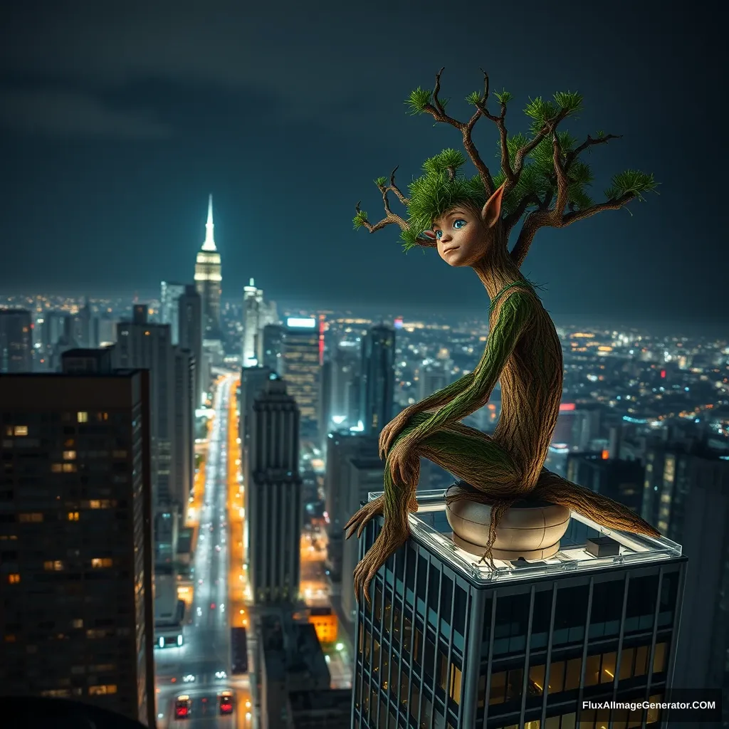 At night, a tree elf sits on a bustling urban skyscraper. - Image