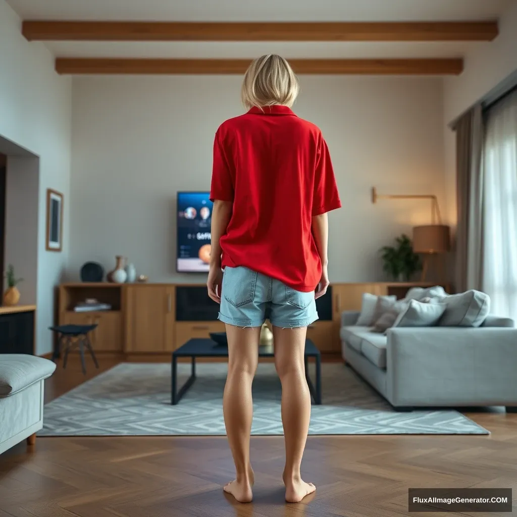 Front view of a young blonde skinny woman in her early twenties in her massive living room, wearing a massively oversized red polo t-shirt that is slightly off-balance on one shoulder. The bottom part of her t-shirt is tucked in, and she is wearing light blue denim shorts, with no shoes or socks. She faces her TV with a shocked expression and dives into the magical TV.