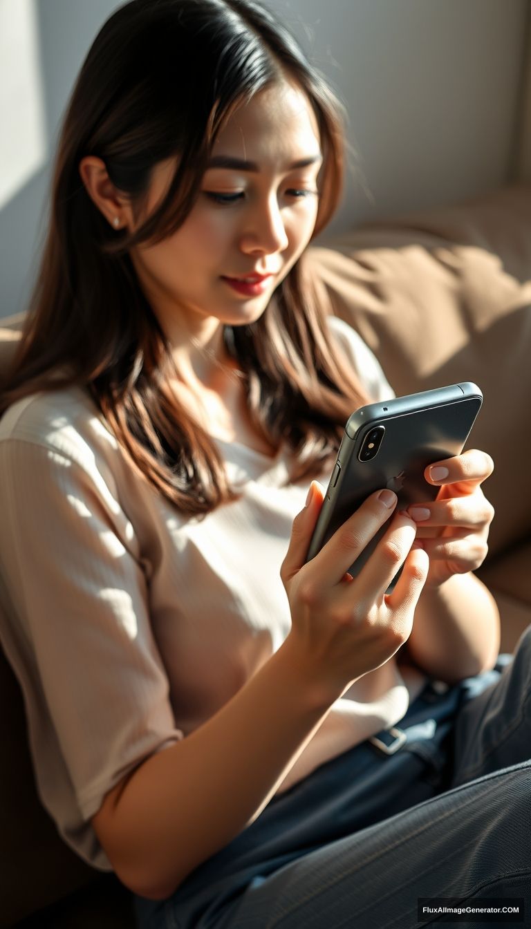 The beautiful Japanese woman is sitting on the sofa in the living room, playing mobile games with her iPhone 15 in both hands. Her fingers are slender and her skin is fair and translucent. The sun shines on her hands and the back of the iPhone 15 from the window. A close-up of the iPhone 15 is held in both hands. No face needs to be shown.