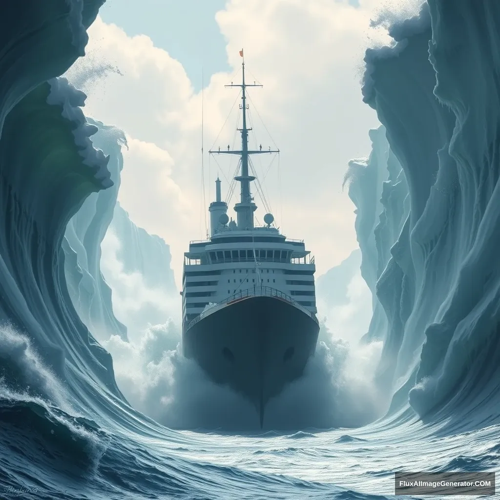 "A giant ship sailing through towering waves."