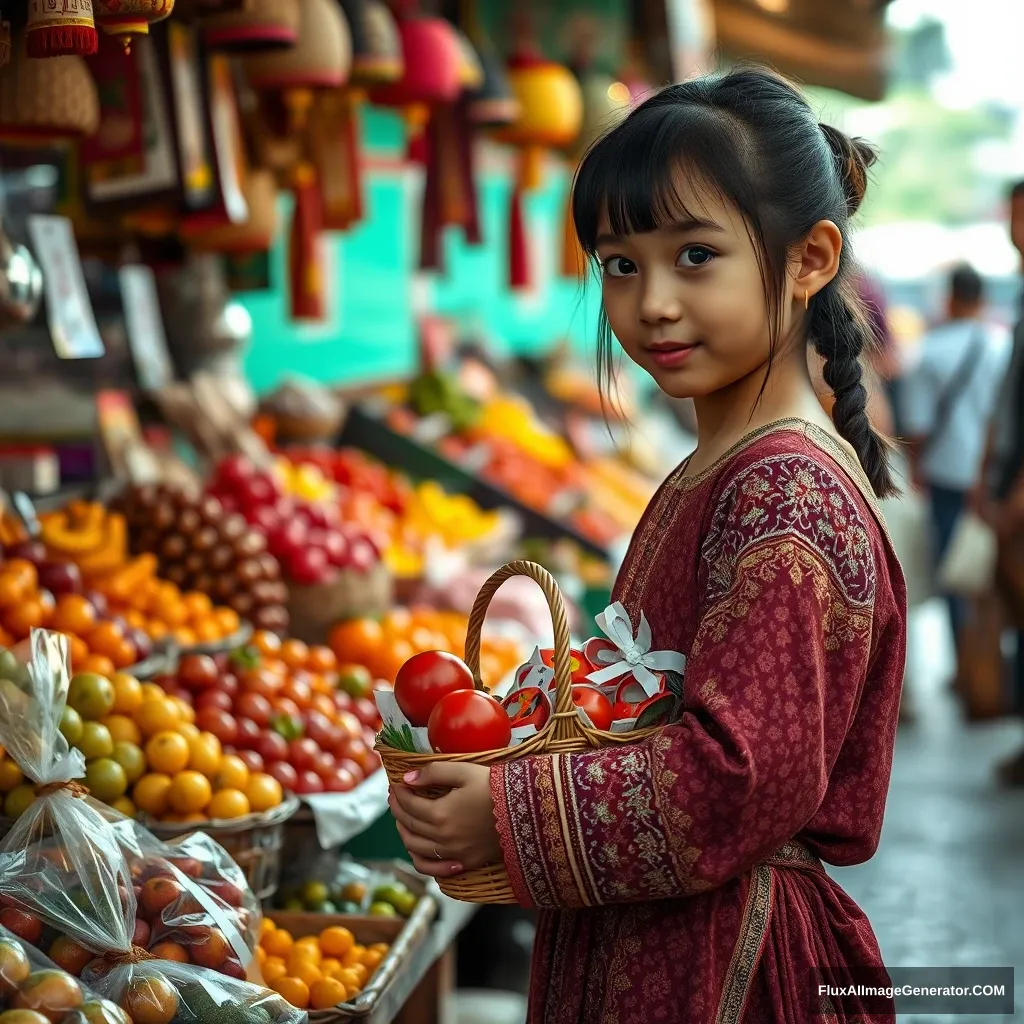 A realistic high-definition photo style, featuring a young girl holding a small basket filled with fresh fruits and crafts. The products at the stall are colorful, captivating the eyes. Dressed in traditional clothing, I communicate with the vendors, feeling completely immersed in this lively market. - Image