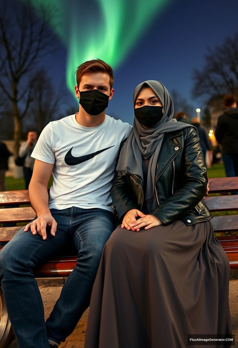 Jamie Dornan, tall and young, wearing a black face mask, a white Nike T-shirt, and jeans, is dating a lovely Muslim girl in a grey hijab with beautiful eyes. She is also wearing a black face mask and a leather jacket, paired with a very long and large skirt; she is not tall. They are sitting together on a park bench in town, with strangers in the background, creating a photorealistic atmosphere. The scene captures a romantic selfie at night, featuring the aurora borealis. - Image