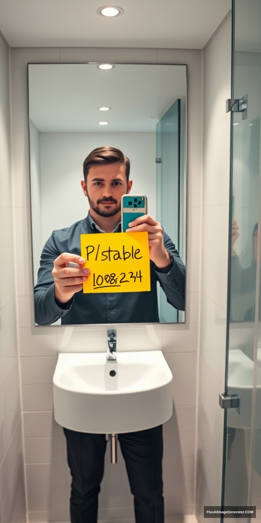 Man in sleek modern bathroom, capturing selfie in spotless mirror. Hand holds vibrant yellow post-it note with "r/stablediffusion" and "10/08/24" written clearly. Hyper-realistic style: razor-sharp details, lifelike textures, impeccable lighting. Crisp reflections, subtle emotions, contemporary tech-savvy atmosphere. Meticulous tile work, gleaming fixtures.