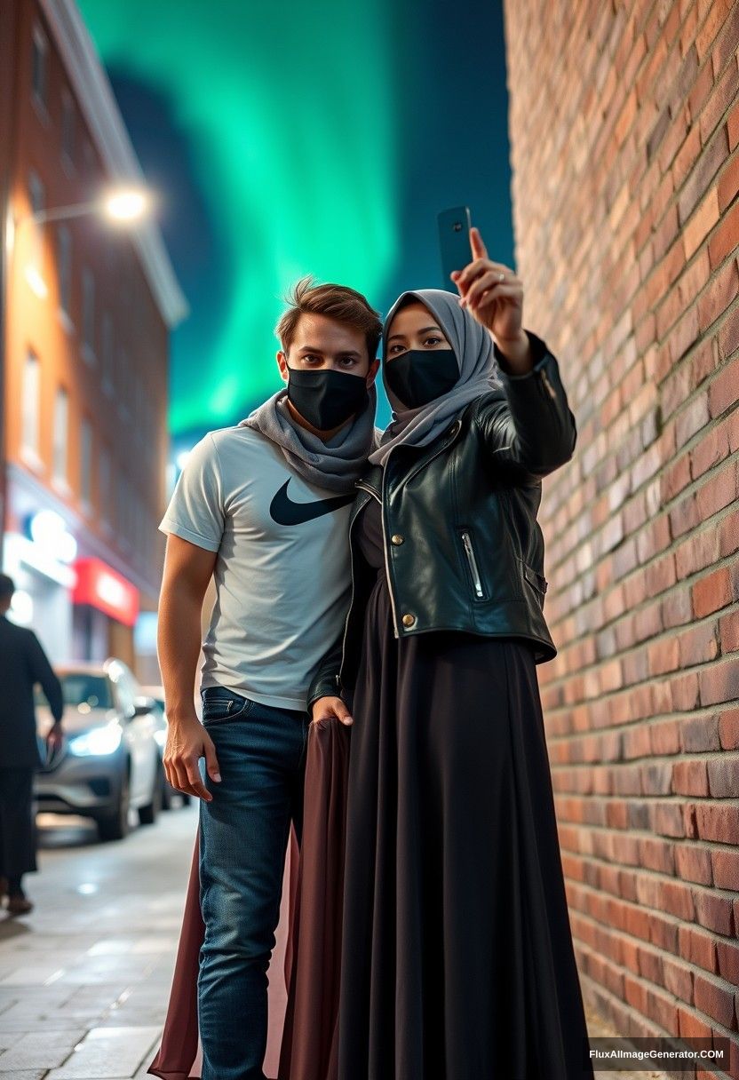 Jamie Dornan, tall and young, wearing a black face mask, a white Nike t-shirt, and jeans, is dating a beautiful Muslim girl in a grey hijab. She has beautiful eyes, a black face mask, and is wearing a leather jacket along with the longest and biggest skirt. She is not a tall girl. 

They are standing together at a brick wall in town, depicted in photorealistic street photography, taking selfie photos in a night scene with the aurora borealis. - Image