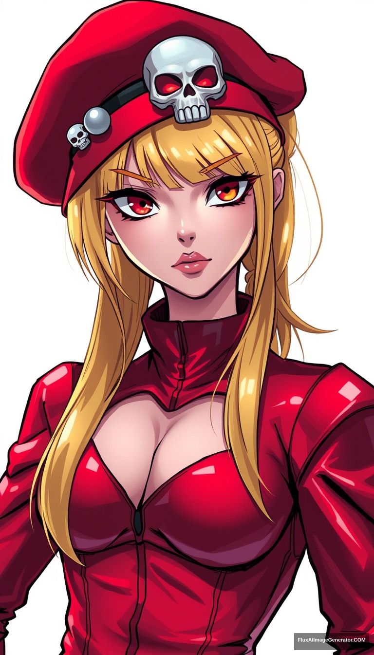 female, Feel like a villain, Long face shape, anime style, super glamorous space female pirate wearing a beret with skull decoration on head, Clothes made of shiny vinyl, red spacesuit, Ponytail Hairstyles, The background is a simple white color, gold hair color.