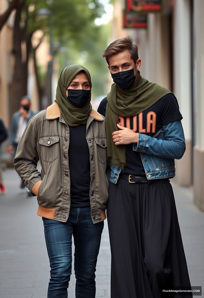 Jamie Dornan, young, black face mask, black T-shirt, capital A collage jacket, jeans, red sneakers, in a romantic dating scenario with a beautiful Muslim girl wearing a large army green hijab, beautiful eyes, black face mask, denim jacket, longest skirt, not tall girl, photorealistic, street photography, full photography.