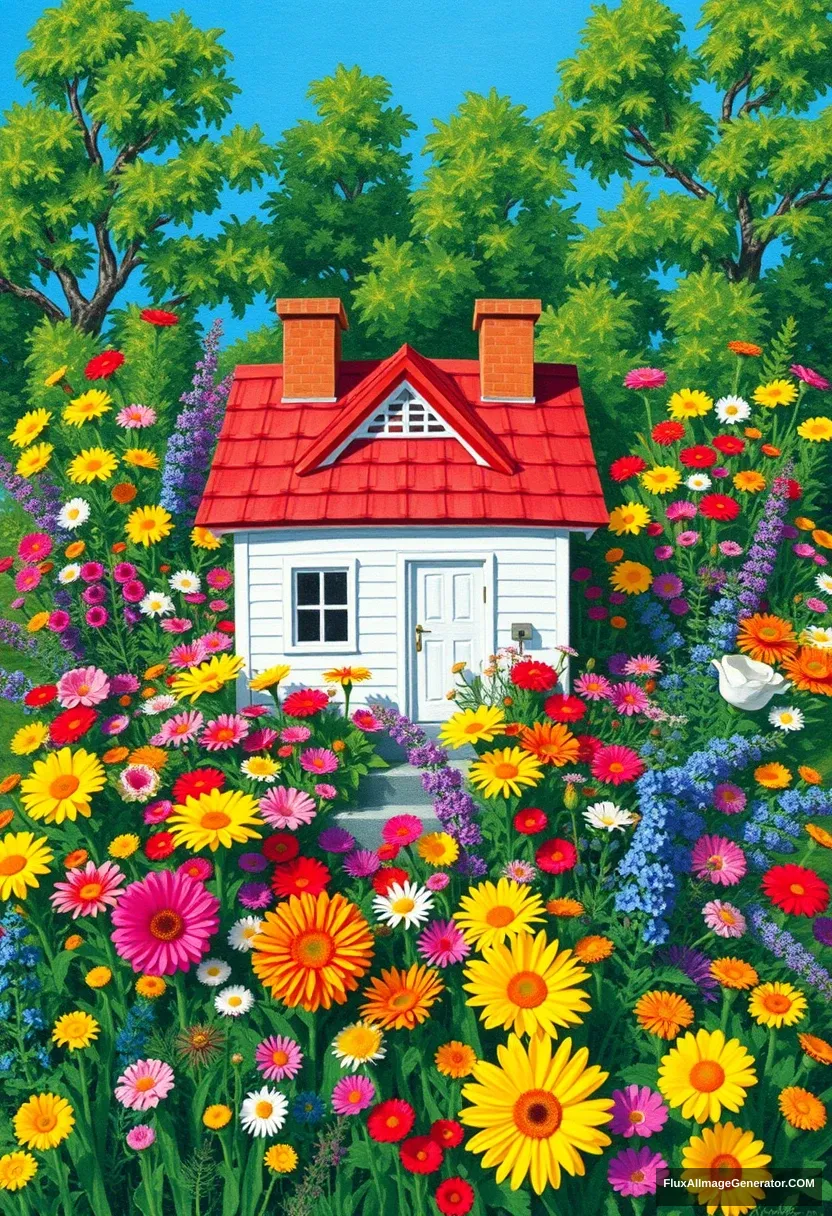 The image depicts a small house surrounded by colorful flowers and plants. The components, colors, composition, situation, and details of the objects are described below:

Components:

The small house in the center has white walls and a red roof, with two brown chimneys.
Around the house is a dense growth of different types of flowers and plants.
The flowers come in a variety of colors and shapes, and are mixed with the plants to create a lush garden.
In the background, green trees surround the house.
Colors:

The house is clearly defined by its white walls and red roof, accented by a brown chimney.
The flowers and plants are colorful with a variety of colors including yellow, red, pink, blue, and purple.
The trees are painted in blues and greens, and the sky is a clear blue.
The colors are bright and cheerful throughout.
Composition:

The flowers and plants are arranged radially around the house, with each element balancing the others.
The house sits at the top of the center, providing a sense of stability, and the surrounding flowers and plants naturally draw the eye to it.
Flowers of different colors and shapes are arranged in harmony to create visual interest.
Context:

This illustration depicts a small house in nature, with a garden of various flowers in the background.
The house exudes a serene and peaceful atmosphere, while the lush garden emphasizes the vibrant beauty of nature.
It depicts an ideal place to feel the harmony and tranquility of nature.
Objects:

The main objects are a house with white walls and a red roof, flowers and plants of various colors and shapes, and green trees.
Each flower and plant is delicately drawn, emphasizing the richness and colorfulness of the garden.
Analyze painterly techniques and drawing styles:

The painterly technique uses strong, vivid colors to create visual impact, and the contrast of colors clearly distinguishes each element.
The drawing style is simple yet detailed, conveying a fairytale, animated feel.
The use of flat color surfaces and clear lines gives the piece a clean, modern feel, while the bright, cheerful colors make the overall mood warm and peaceful.