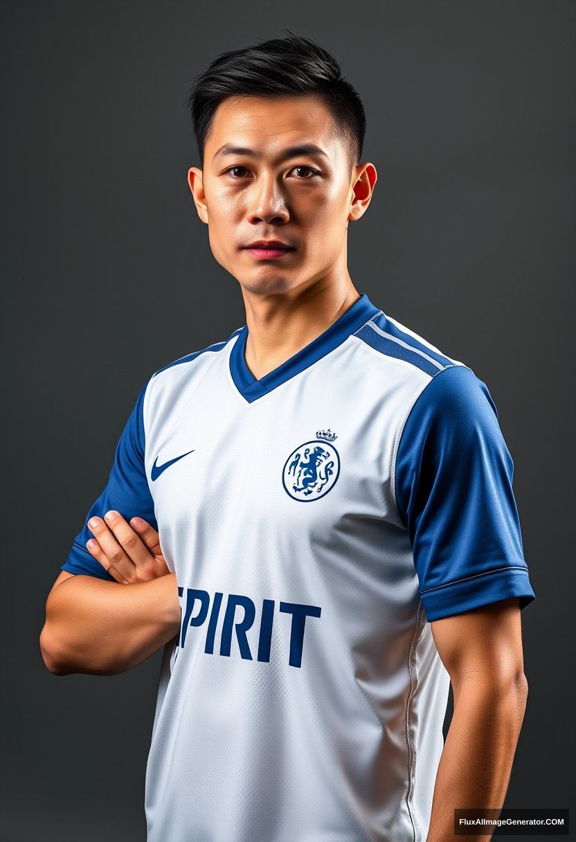 High-quality portrait photo of a Chinese man with fair and delicate skin, wearing a white short-sleeved soccer jersey with blue cuffs and a blue collar, featuring the word "SPIRIT" on the chest. He strikes a confident and imposing pose, with a determined gaze and bright eyes. It's a player profile photo in mid-shot, using Rembrandt lighting, taken in a studio against a gray background. - Image