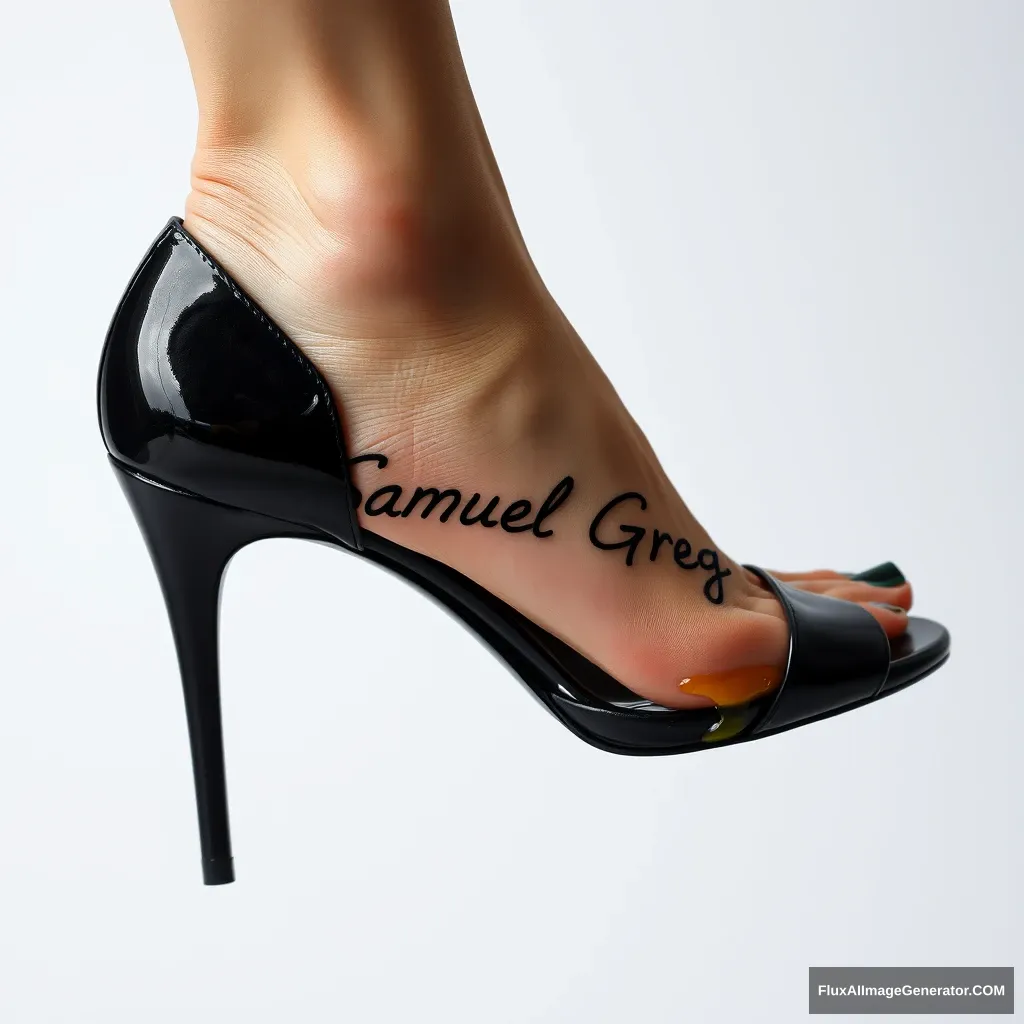 The name "Samuel Greg" on a woman's foot in a black high heel. There is oil all over the foot. - Image