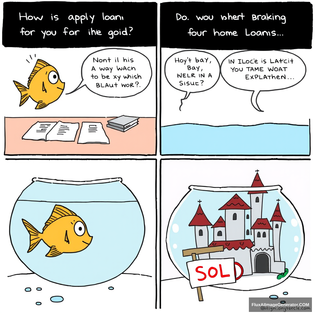 4 panel comic strip about a fish applying for a home loan, arranged 2x2. The final panel shows the fish in front of a castle in a fishbowl with the word SOLD on a sign in front.