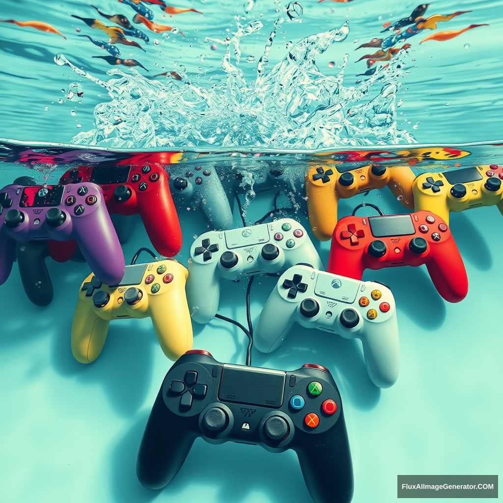 Water colored, many game controllers, falling into the water and drowning.