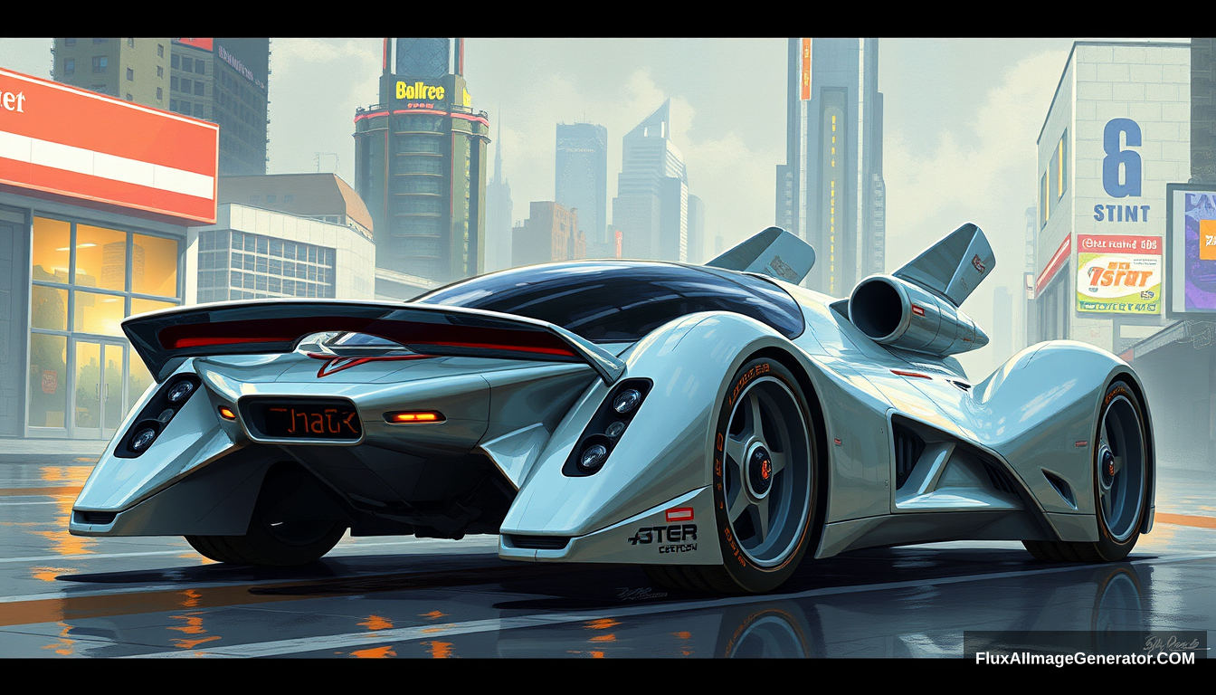 A fighter-inspired concept car, as painted by Syd Mead, in a futuristic city setting.