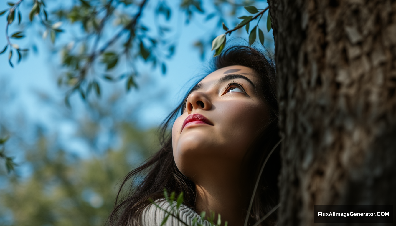 A woman is looking at the tree. Close up.