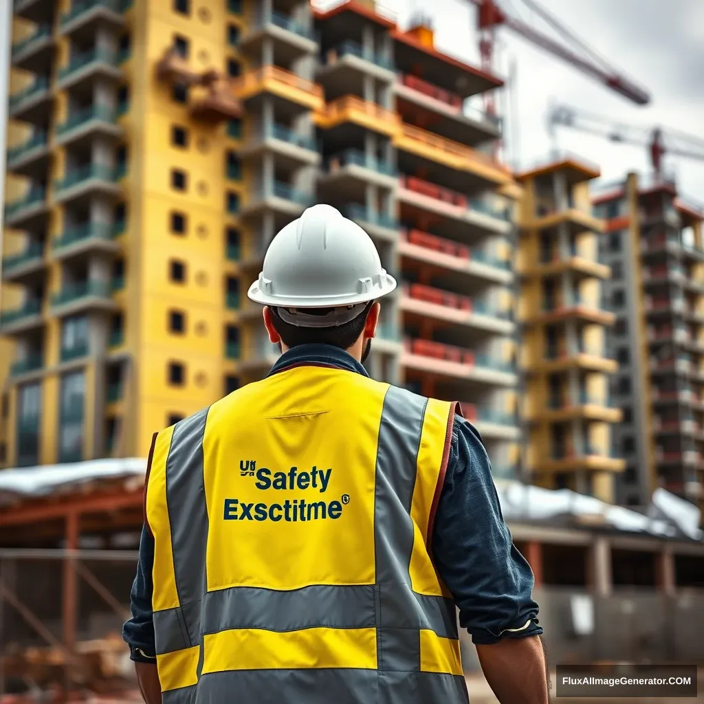 A photorealistic image of a construction worker walking toward a construction site. There is a high rise building under construction in the background. The construction worker is facing toward the camera. The construction worker is about 10 feet away from the camera. He is wearing a yellow vest that has “Utah Safety Institute” in white letters on the left chest. He is also wearing a white safety hat. - Image