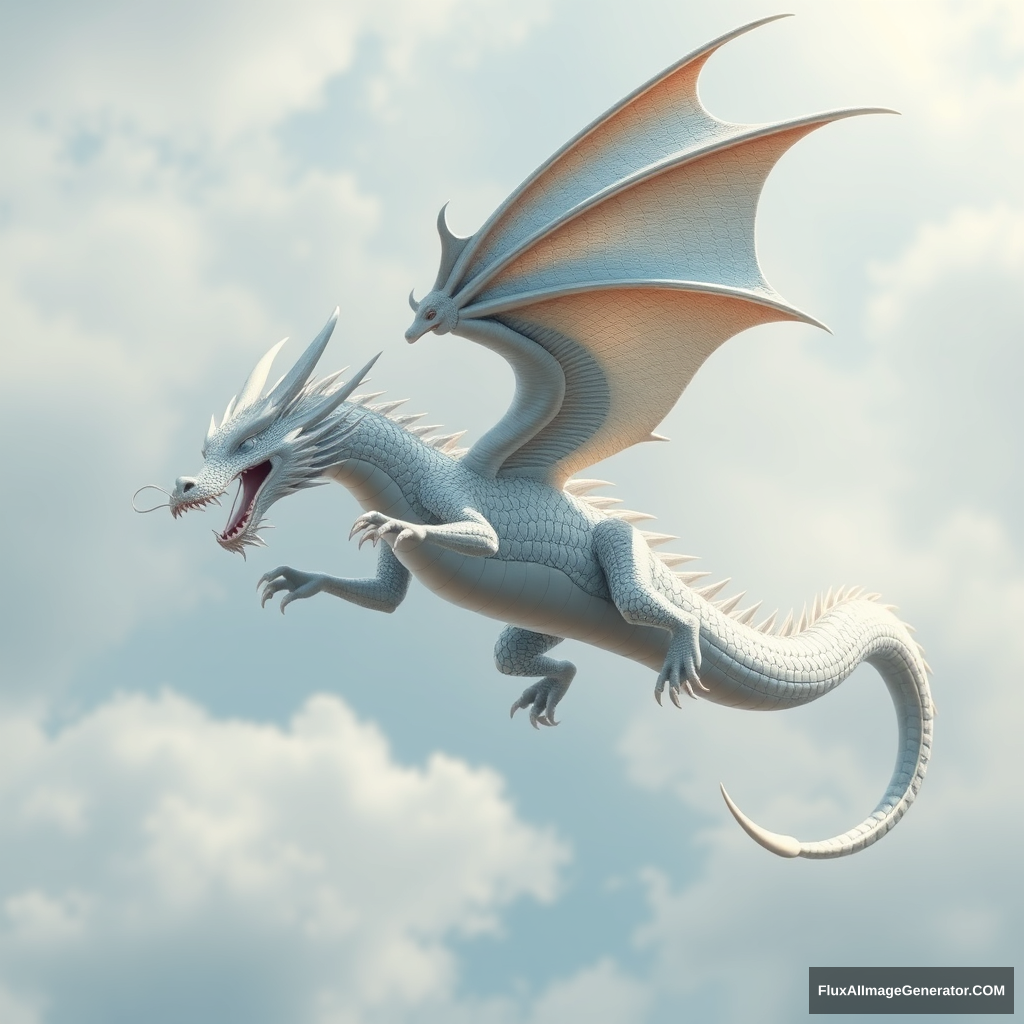 "Please draw a 3D image of the Eastern Dragon flying in the sky, with a silver-white metallic feel." - Image