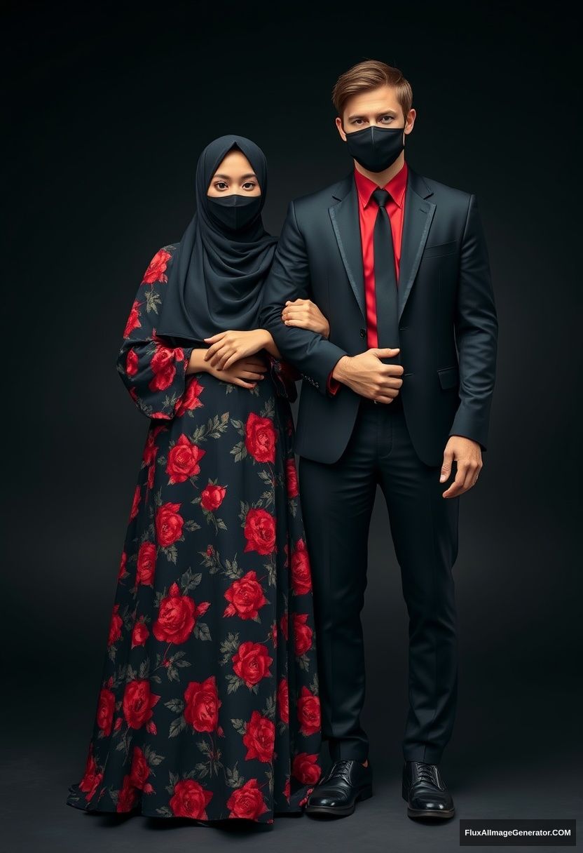 A biggest black hijab girl, beautiful eyes, face mask black, biggest red floral longest dress, not tall, standing, holds his arm.

Jamie Dornan, youngest, black suit coat, red shirt, black tie, black leather sneakers, tall man, face mask black, fit tough body, standing near her, love couple.

Hyper realistic, studio photography, photorealistic.