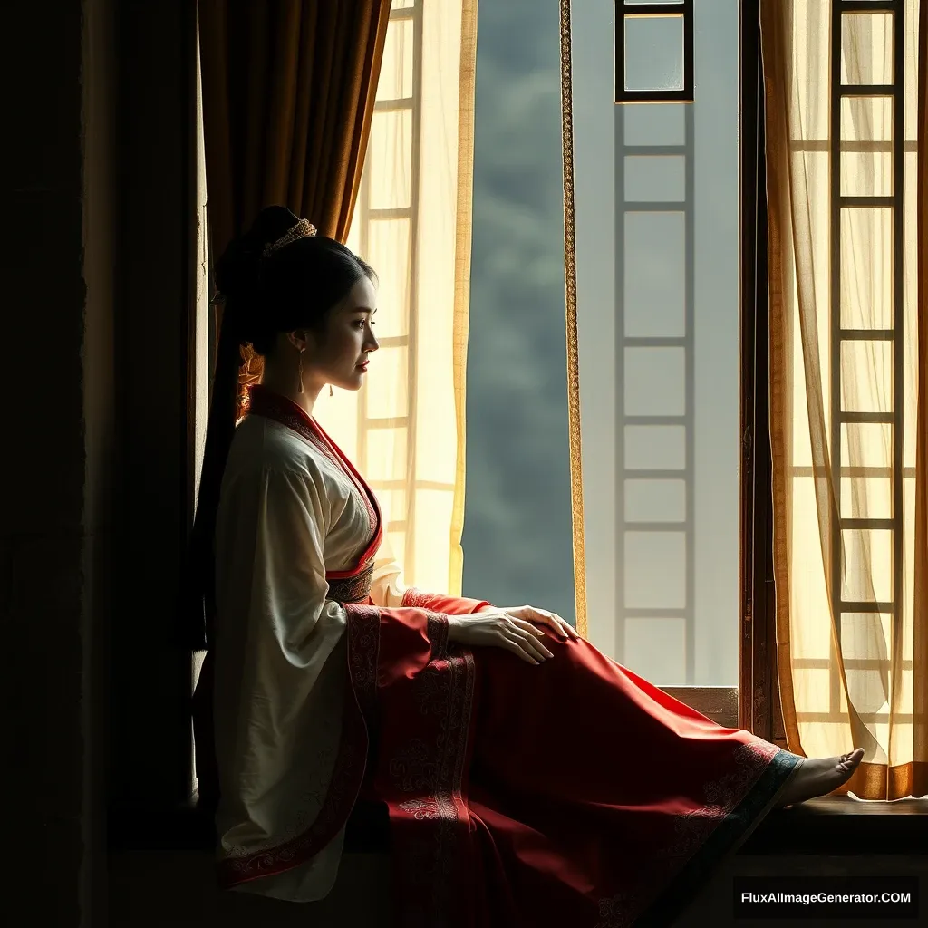 Sitting by the ancient windowsill with curtains in high definition, a Chinese ancient costume beauty is bathed in the dim light effect.