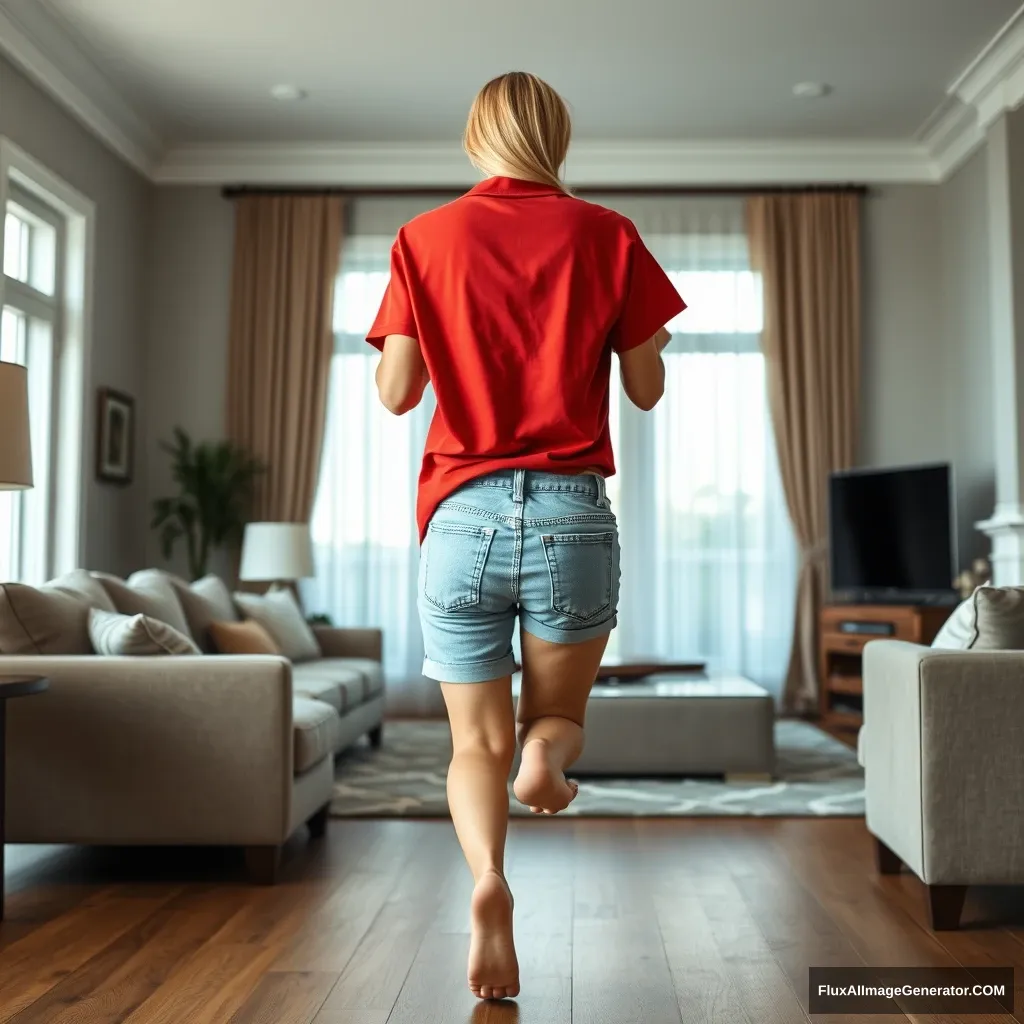 Back view of a blonde skinny woman who is in her massive living room wearing a massively oversized red polo t-shirt that is very off-balance on one of the shoulders and wearing big light blue denim shorts that are knee height, and she is wearing no shoes or socks. She faces the camera while getting off her chair and runs towards the camera.