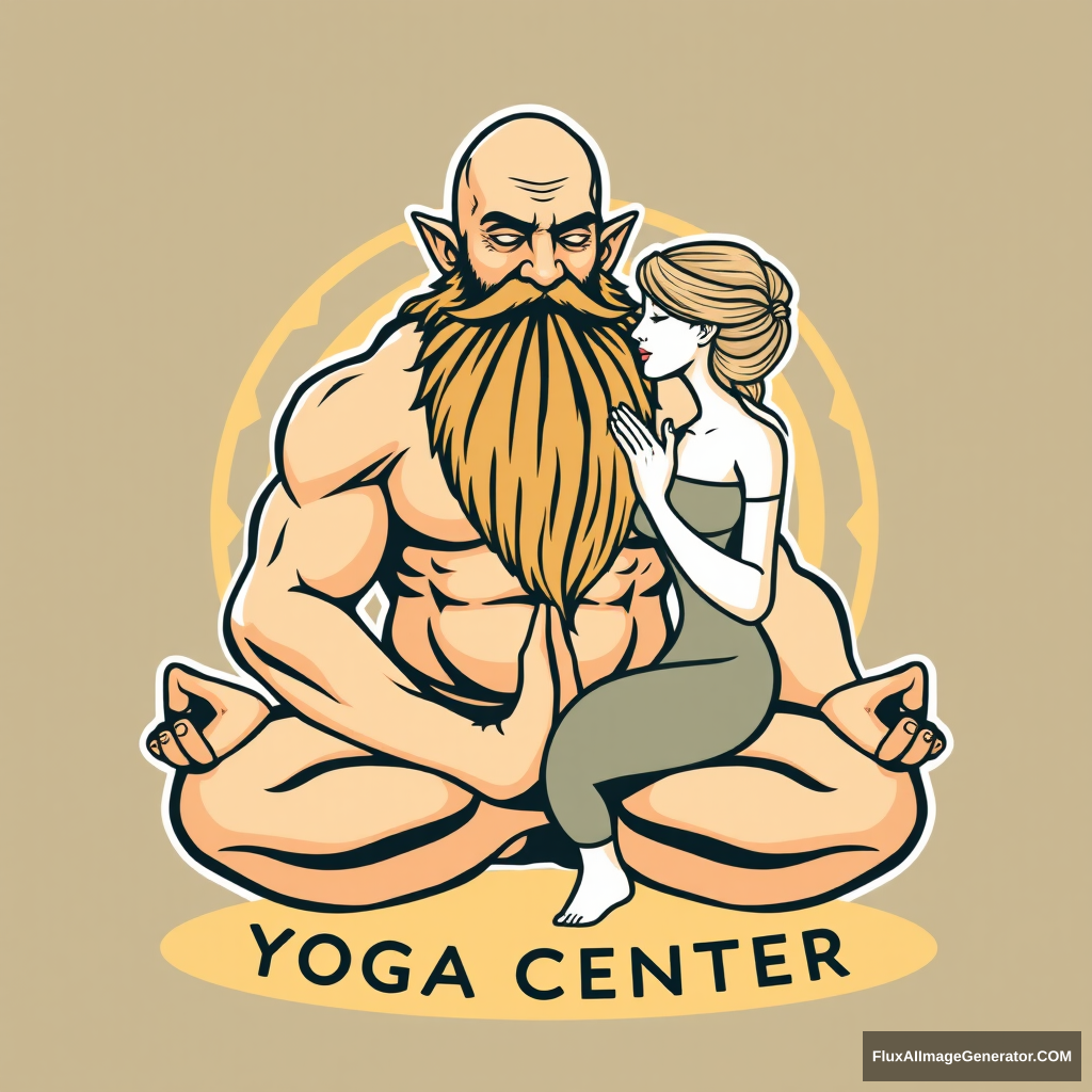 Yoga Center logo: a muscular large bald dwarf with a beard in the lotus position flirting with a woman.