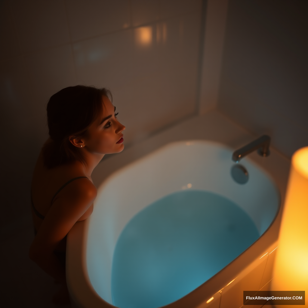 The light in the bathroom is dim, emanating a warm glow that creates a soft atmosphere around the woman's serene face. She sits comfortably at the edge of the bathtub, lost in thought. Steam rises from the water in the tub, and the tiled floor glistens with moisture.