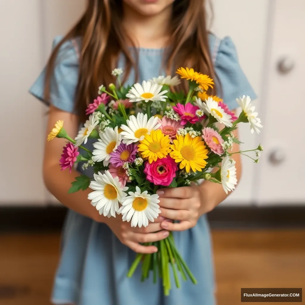 A girl holds a bouquet of flowers in her hands.