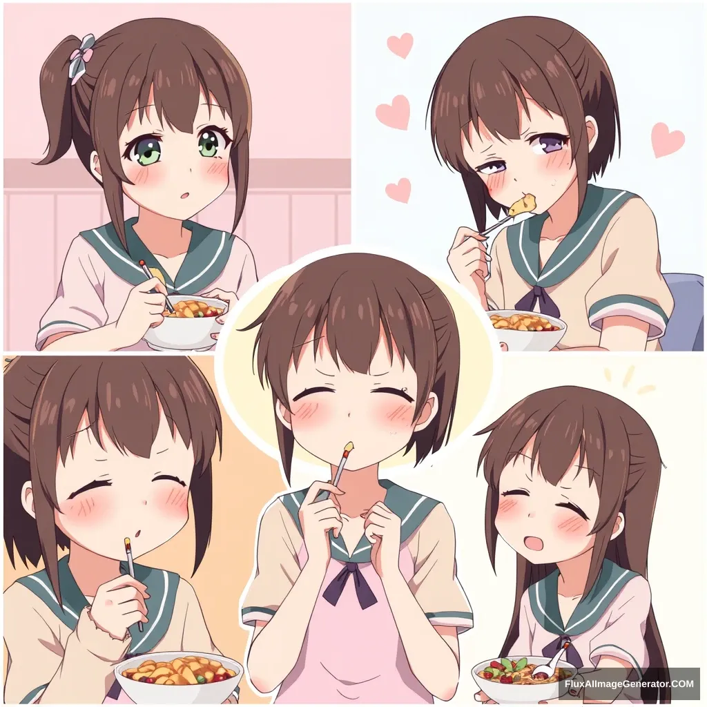 Collage of different images of a tender anime girl eating. - Image