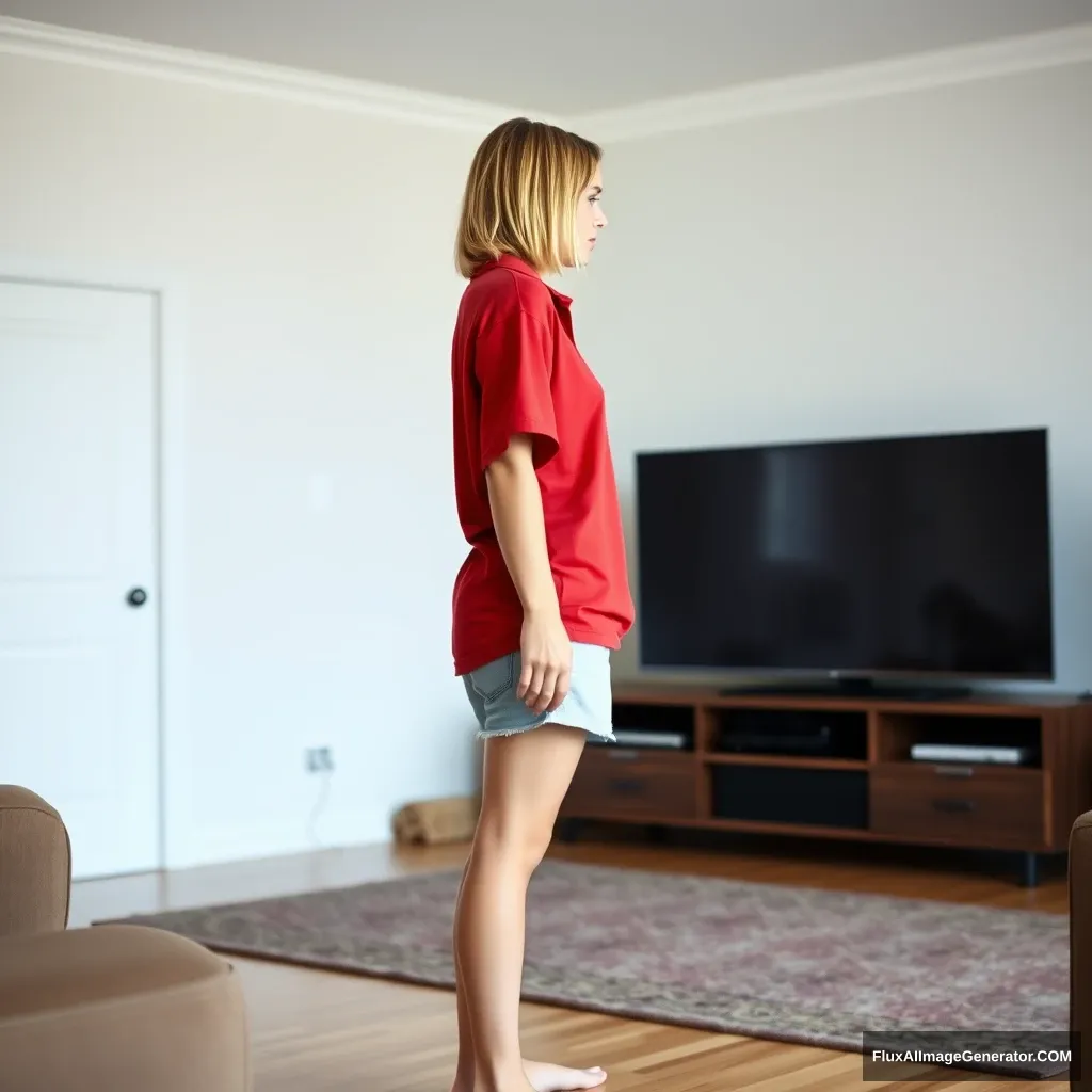 Side view of a young blonde skinny woman in her early twenties in her massive living room, wearing a massively oversized red polo t-shirt that is slightly off balance on one shoulder, with the bottom part tucked in. She is also wearing small light blue denim shorts and has no shoes or socks on. She is facing her TV, standing with both arms straight down. - Image