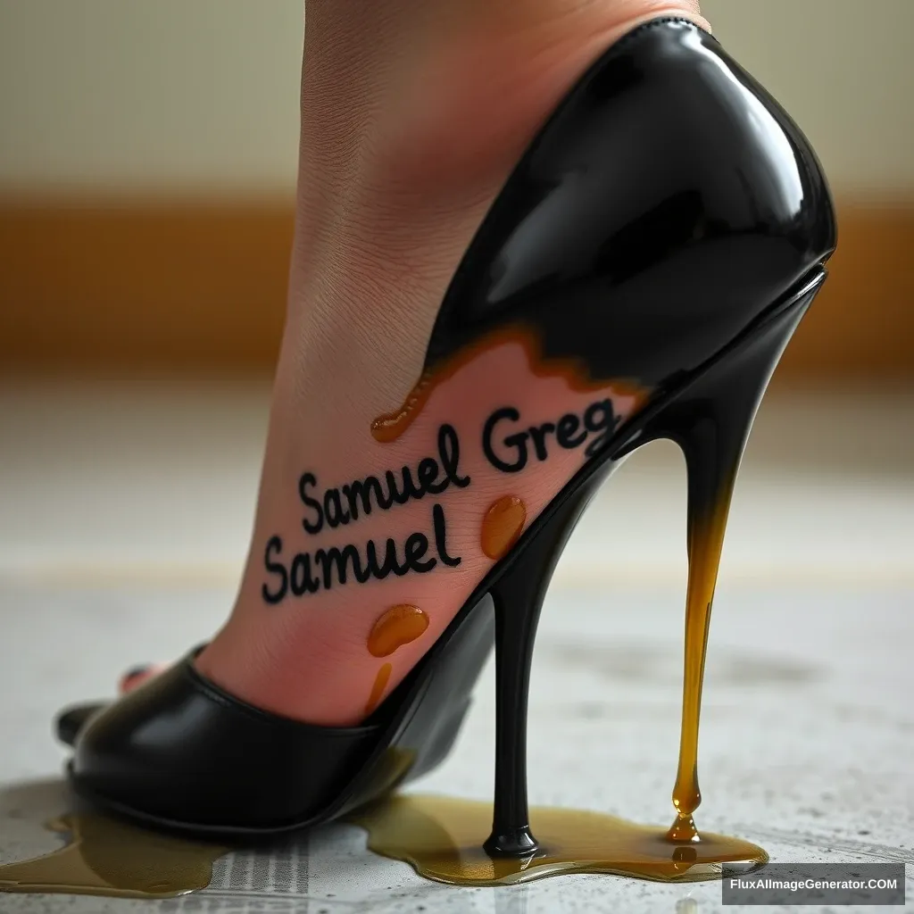 The name "Samuel Greg" on a woman's foot in a black high heel. There is oil all over the foot. - Image