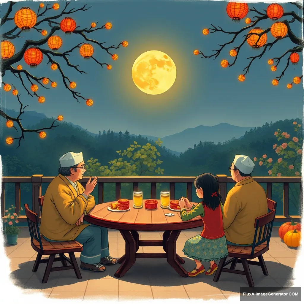 On the evening of the Mid-Autumn Festival, the family sat around the outdoor round table, watching the full moon in the sky while eating mooncakes in a realistic style. - Image