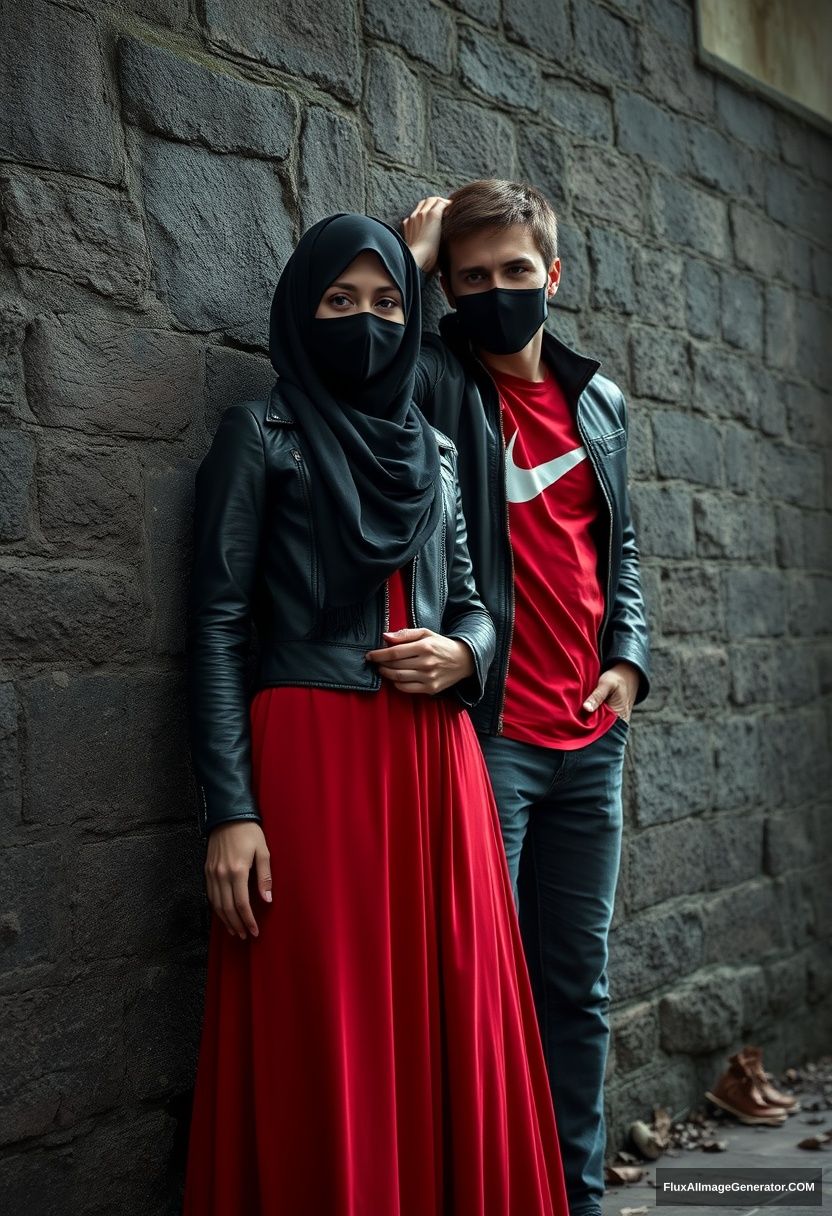 A biggest black hijab girl, beautiful eyes, face mask black, black leather jacket, biggest red longest dress, untall, standing near him,

Jamie Dornan, handsome, youngest, face mask black, fit and tough body, Nike red t-shirt, black leather jacket, jeans, tall man, laying at wall,

Hyper realistic, photorealistic, studio photography, Victoria's abandoned castle, gloomy.