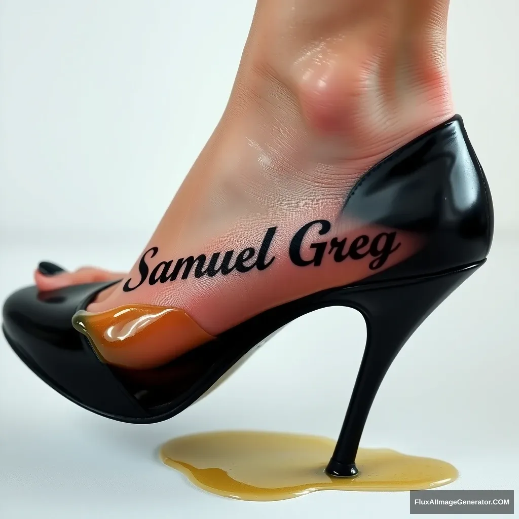 The name "Samuel Greg" on a woman's foot in a black high heel. There is oil all over the foot.