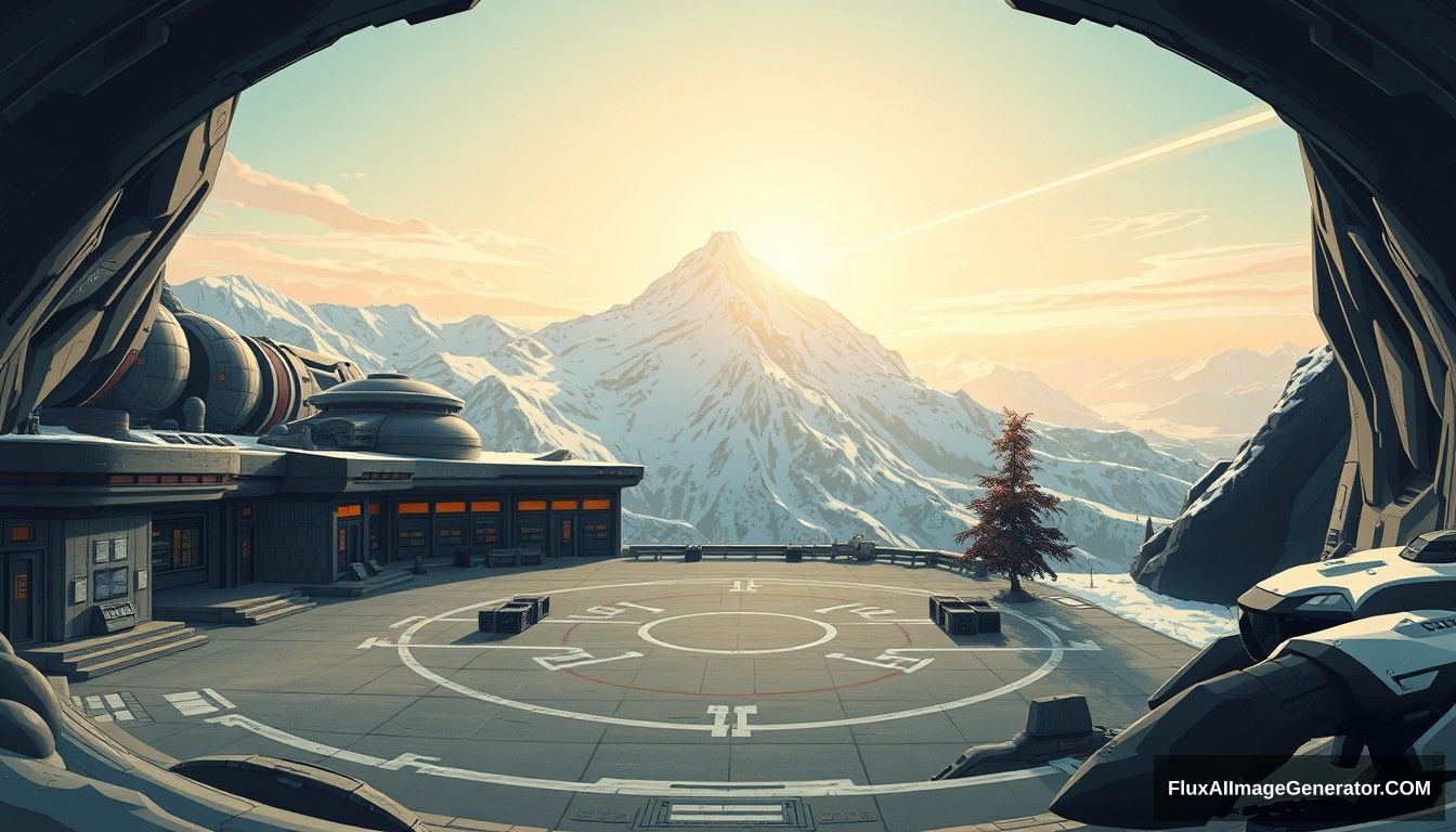 cel shaded art, wide shot, a sci-fi center on the top of a snow mountain, open air, close look, cyberpunk, military base, Star Wars style, indoor, patio, morning, sunlight, fortress, mountain, rock, snow, tarmac, parking apron, cave, tree, landing field, cliff, round shape. - Image