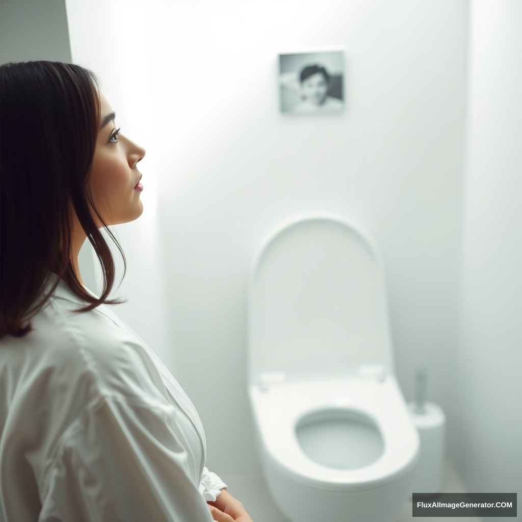 A close-up shot of a woman standing in front of a sleek, modern toilet in a minimalist bathroom. Her expression is contemplative, with a hint of introspection. The lighting is soft and white, casting an ethereal glow on her porcelain skin. She wears a simple white robe, cinched at the waist by a thin belt. The composition is tight, focusing attention solely on the woman as she ponders something profound.