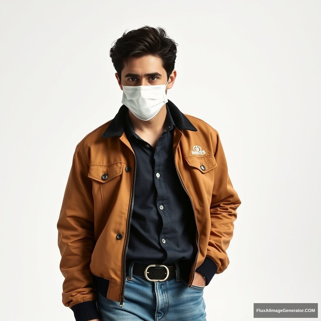 Freddie Prinze, handsome, face mask, collage jacket, jeans. - Image